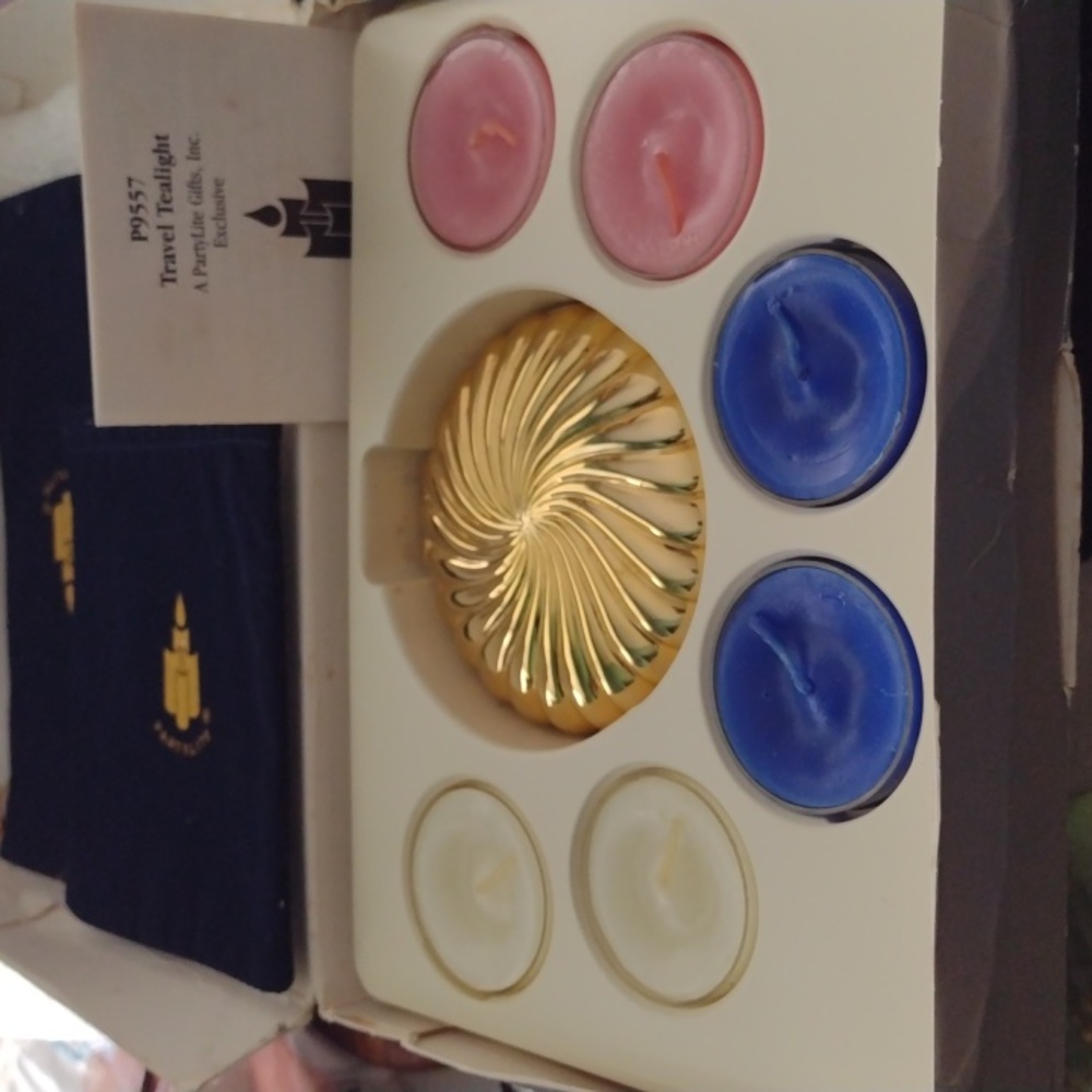 PartyLite Gold Tealight Holder with Colorful Candles Travel Set